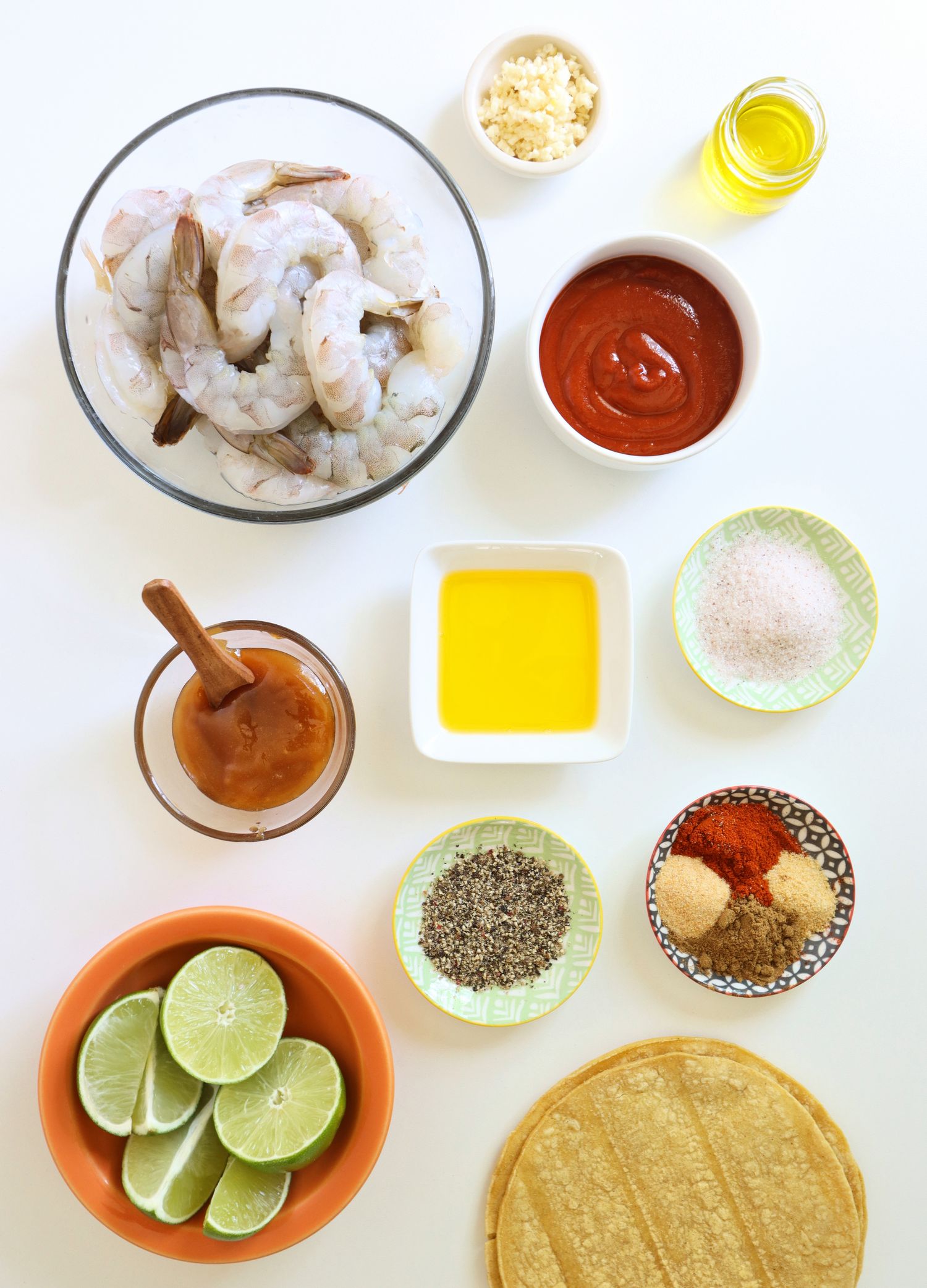 the ingredients for honey sriracha shrimp tacos