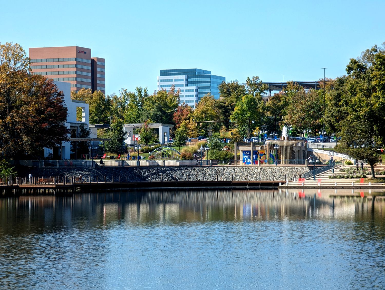 The lake view of the lakefront district in Columbia, MD