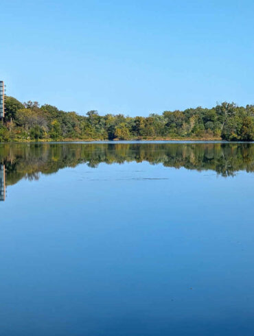 A view of the water and trees in early fall of Lake Kittamaqundi in Columbia, MD.