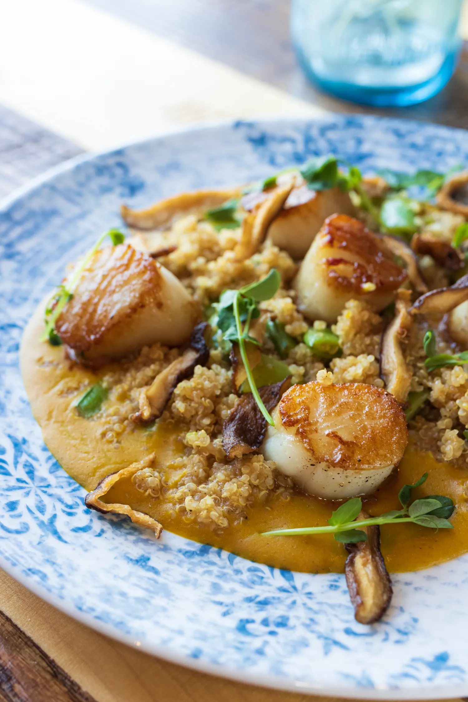 Pan-seared scallops over quinoa at Earl's New American plated in a wide bowl on a farm table.