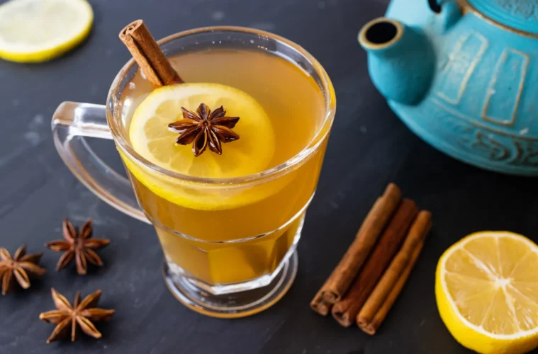 A healthy hot toddy on a table with a tea pot, lemon, and star anise