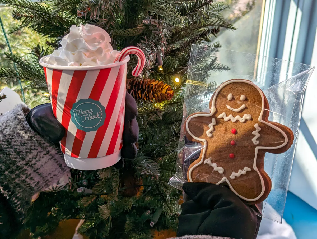 A signature hot chocolate and fresh gingerbread at Mama Hawk's in Peddler's Village held my a woman wearing gloves up against a christmas tree