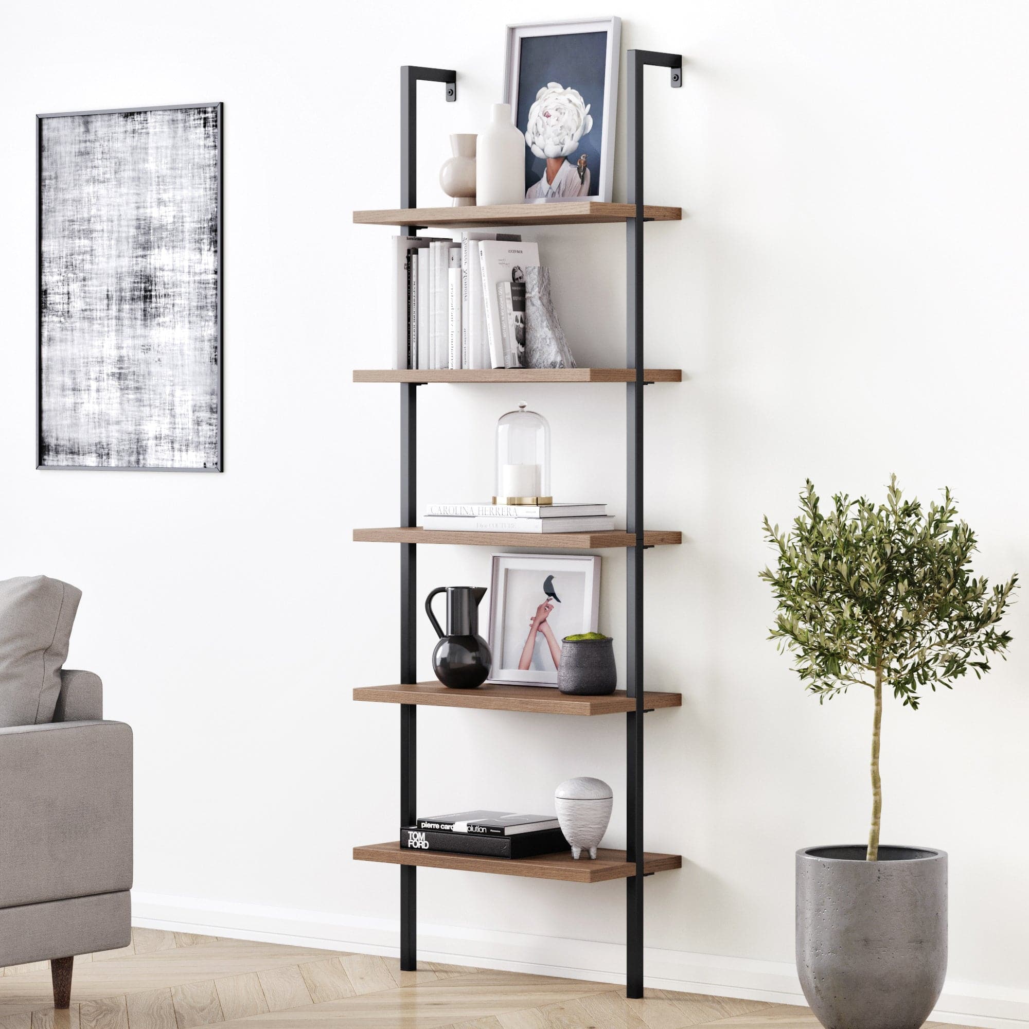The stylish Theo Bookcase by Nathan James fully assembled and in use.