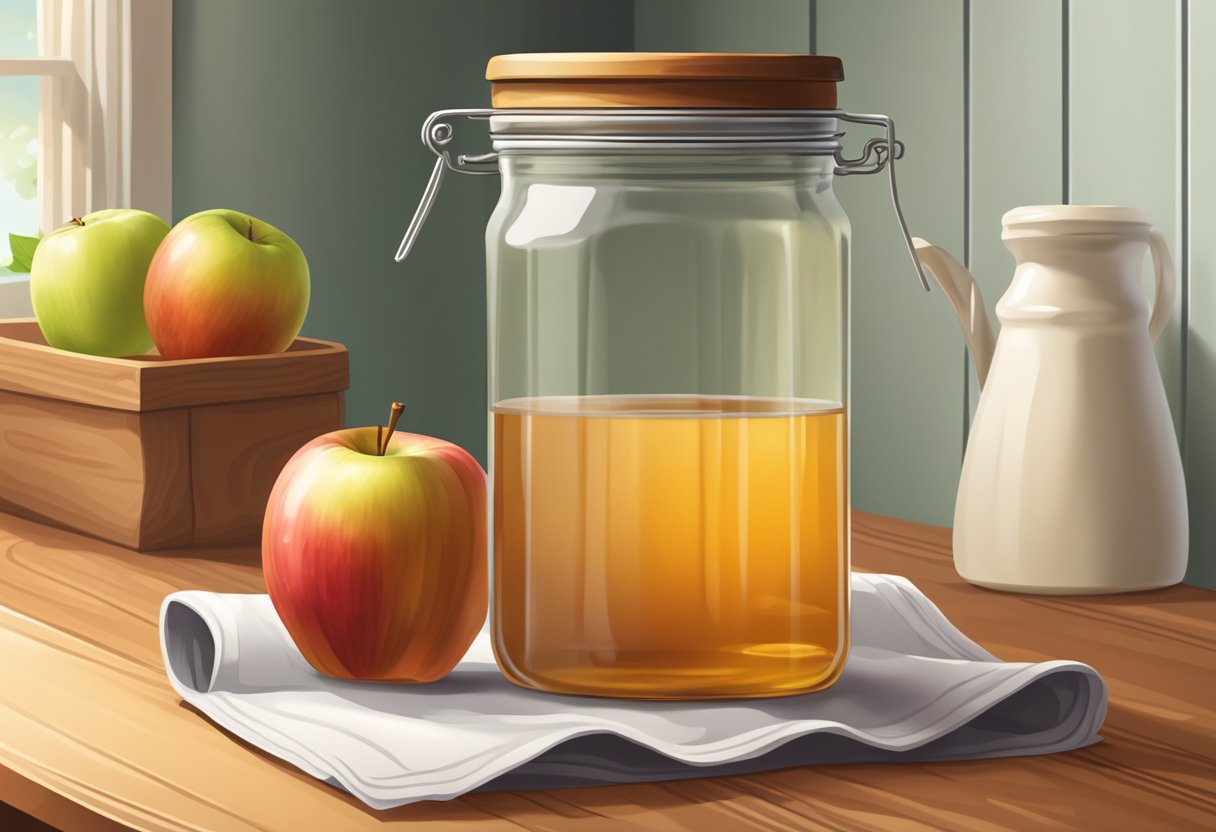 A jar of apple cider vinegar next to apples getting ready to be prepped for a laundry cycle.