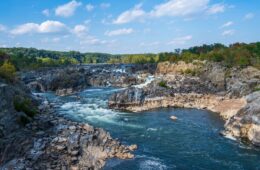 An ariel view of the Great Falls Potomac Waterfall in Fairfax Virginia