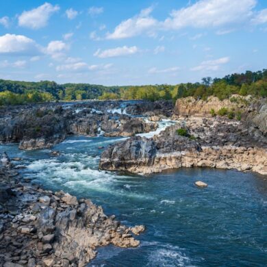 An ariel view of the Great Falls Potomac Waterfall in Fairfax Virginia