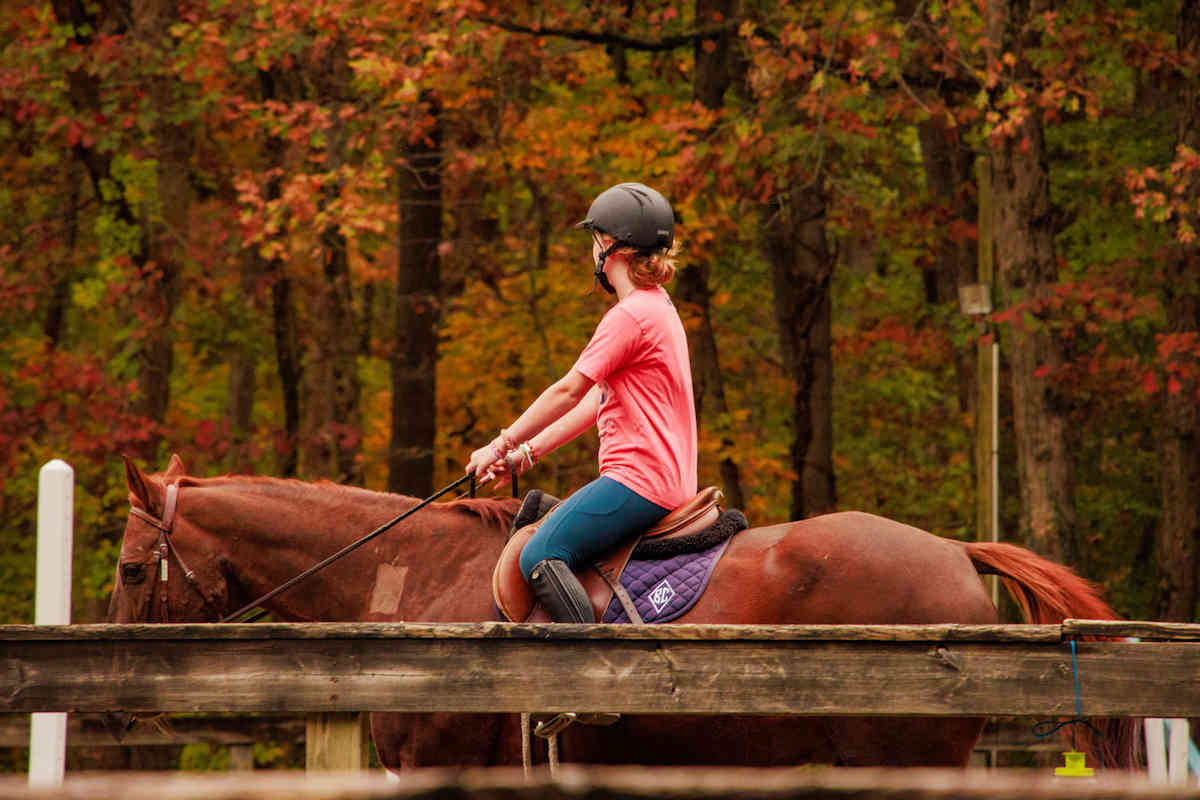 A young woman Horseback Riding in the fall at Rock Creek Park