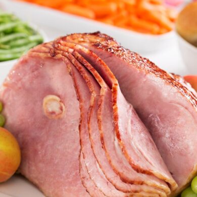A full sliced, smoked ham on a food counter being prepped for the fridge.
