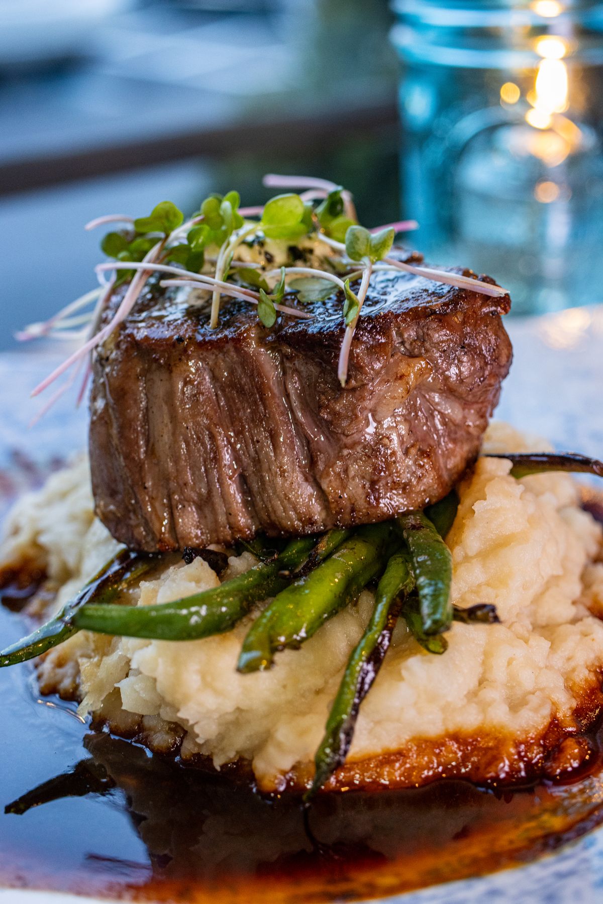 Earl's filet mignon on a bed of horseradish mashed potatoes and green beans. 