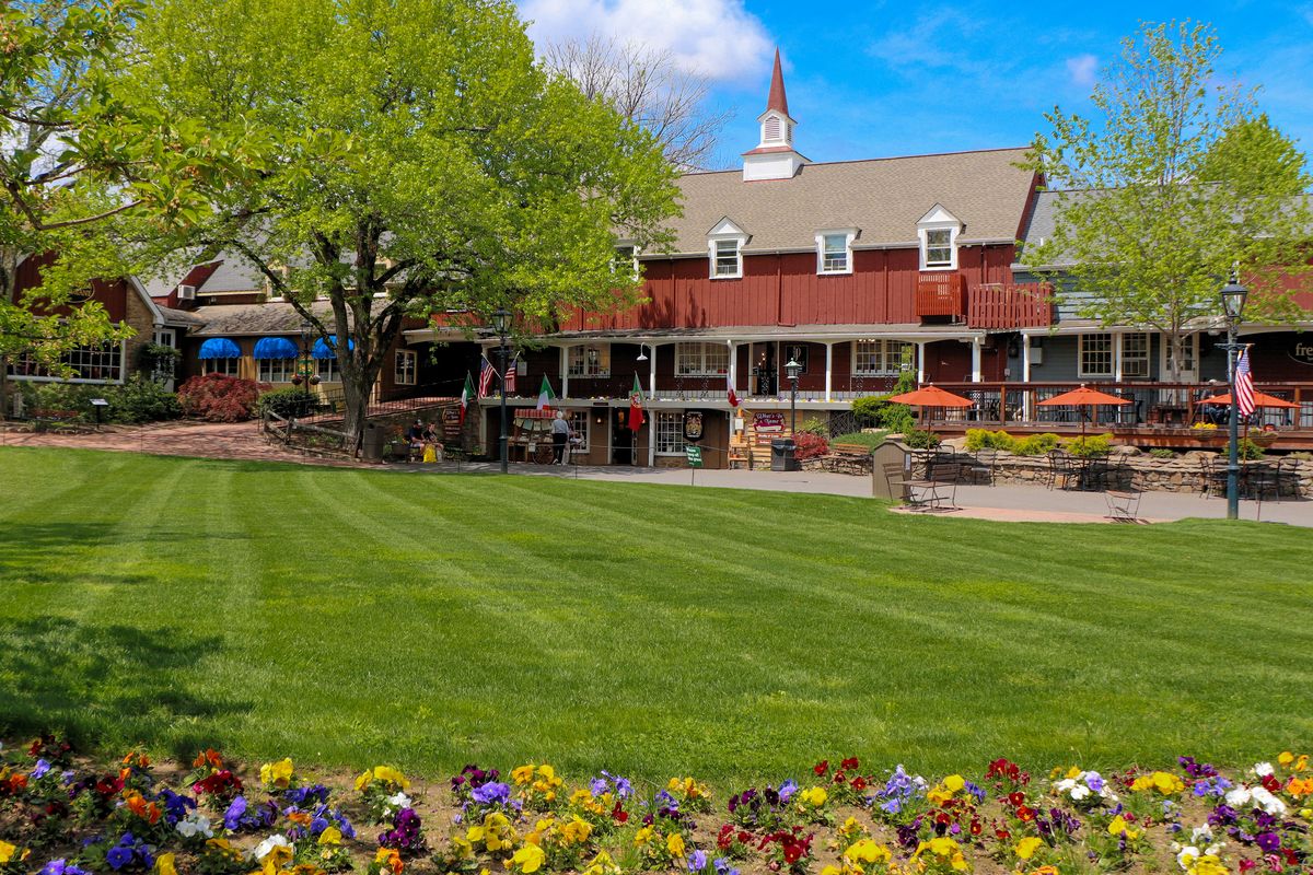The shops in Peddler's Village during the spring. Flowers in bloom. 