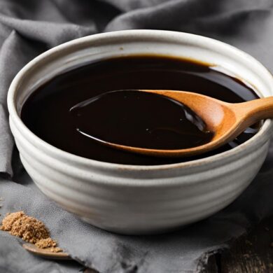 a ceramic bowl of molasses with a wooden spoon inside