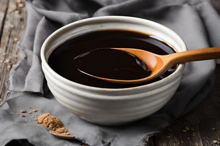 a ceramic bowl of molasses with a wooden spoon inside