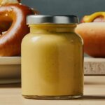 A jar of yellow mustard on a table with soft pretzels and hot dogs
