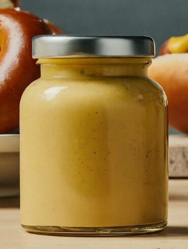 A jar of yellow mustard on a table with soft pretzels and hot dogs