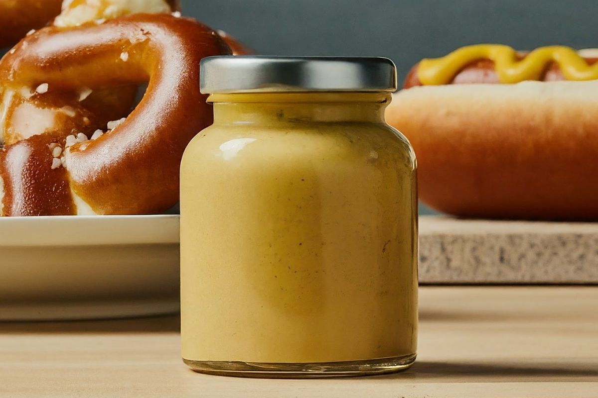 A jar of yellow mustard on a table with soft pretzels and hot dogs
