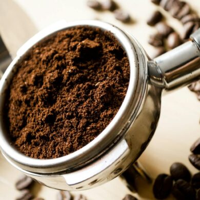used coffee grounds up close in from the coffee maker