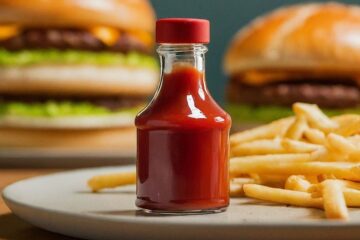 A small bottle of ketchup on a plate with fries. Burgers in the background.
