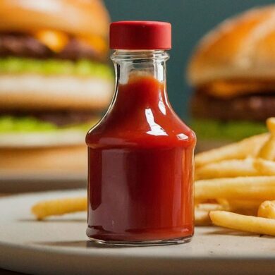 A small bottle of ketchup on a plate with fries. Burgers in the background.