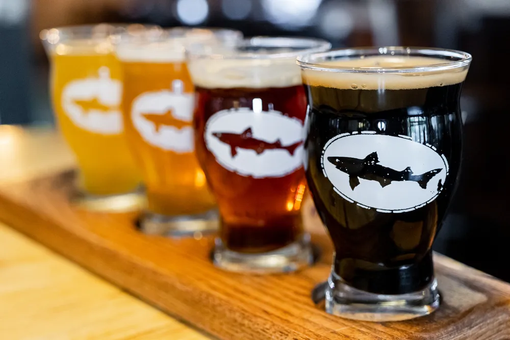 A beer flight at Dogfish Head Chesapeake & Maine. 4 selections.