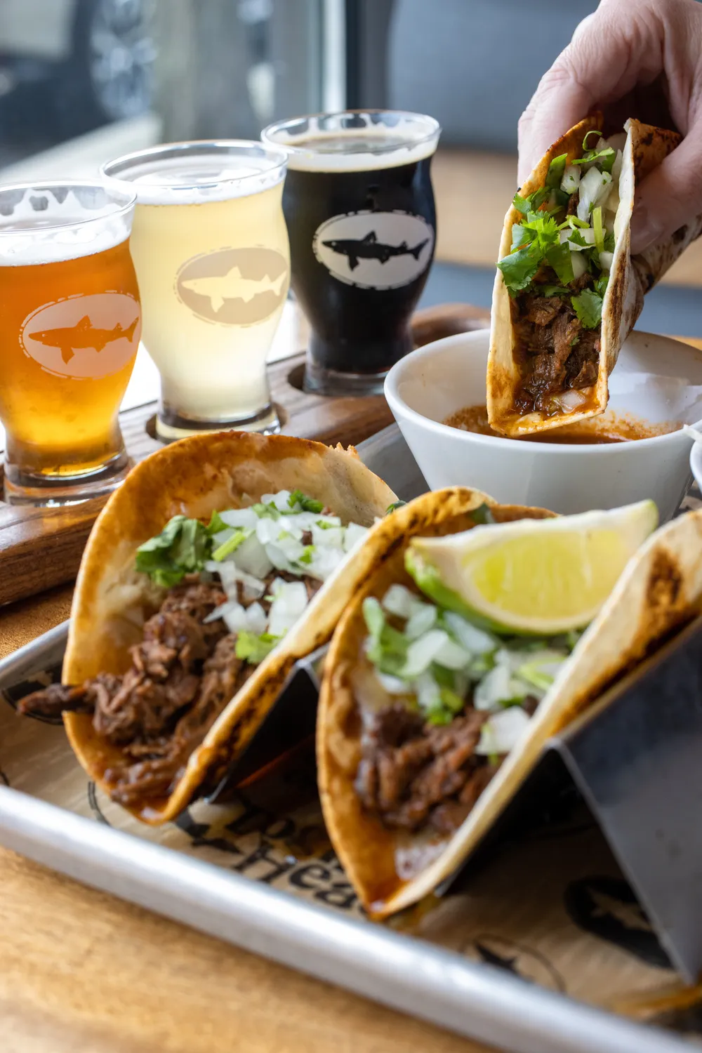 Birria Tacos and a beer flight at Dogfish Head Brewings and Eats, Rehoboth