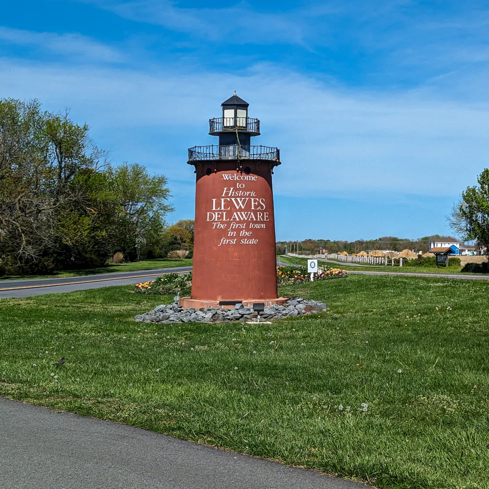 The Welcome to Lewes Lighthouse. A small replica in the front of town.