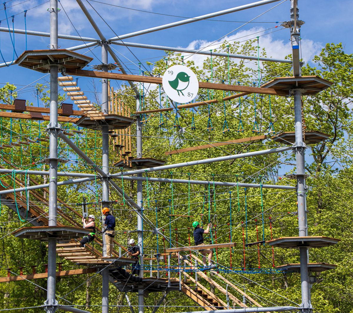 High Ropes Challenge Course at The Peak. Gusts climbing to the top of the course suspended by ropes. 