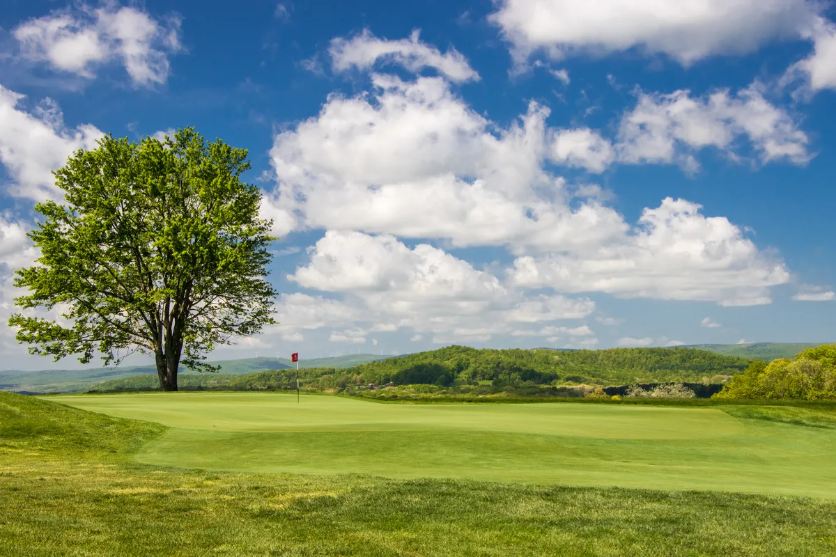Nemacolin is a World-Class Golfer’s Paradise in the Scenic Laurel Highlands. A lovely mountain view on a clear day. A tree and golf hole in the forefront. 
