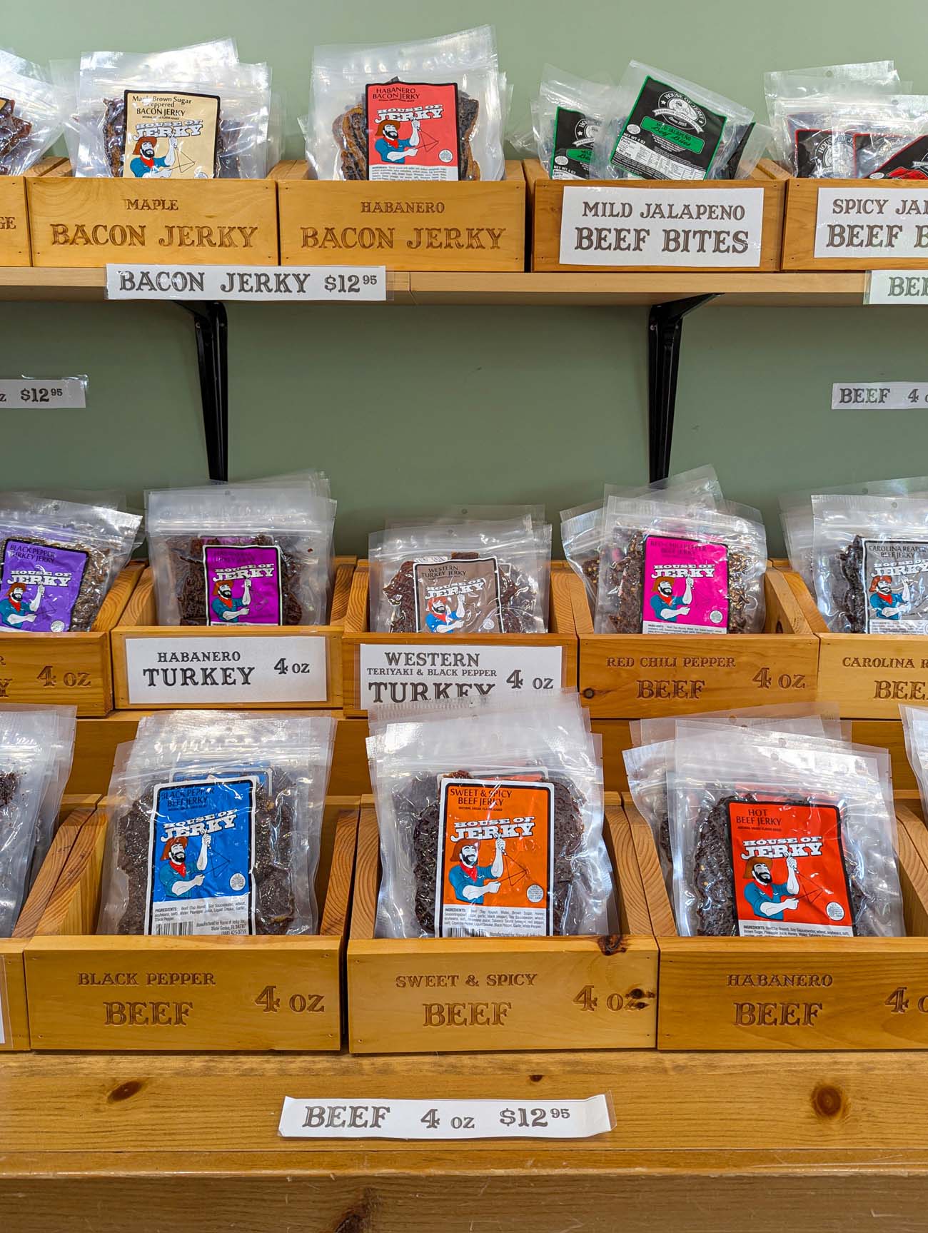 a selection display of jerky at Bucks County House of Jerky