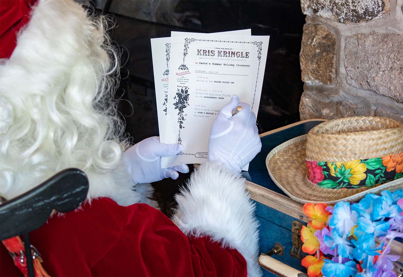 Santa Claus in traditional red suit and white gloves holding and reading "Kris Kringle - Santa's Summer Holiday Itinerary" papers, with tropical wicker hat and colorful leis visible in travel trunk beside him