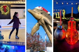 A three-image collage featuring: 1) A person ice skating on a synthetic rink with holiday decorations 2) A bronze dolphin statue wearing a Santa hat 3) Holiday-themed cocktails served in illuminated ornament-shaped glasses