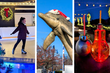 A three-image collage featuring: 1) A person ice skating on a synthetic rink with holiday decorations 2) A bronze dolphin statue wearing a Santa hat 3) Holiday-themed cocktails served in illuminated ornament-shaped glasses