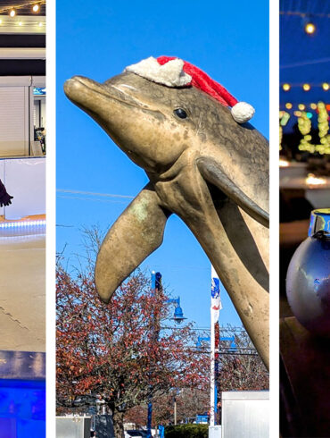 A three-image collage featuring: 1) A person ice skating on a synthetic rink with holiday decorations 2) A bronze dolphin statue wearing a Santa hat 3) Holiday-themed cocktails served in illuminated ornament-shaped glasses