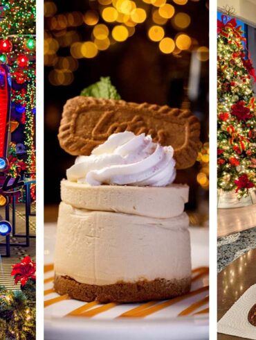A collage of three holiday images from Ocean Casino Resort: a bright blue LED snowman surrounded by Christmas lights, a towering slice of white cheesecake with whipped cream and cookie garnish, and a red mug of hot chocolate with candy cane next to a decorated Christmas tree with ocean view