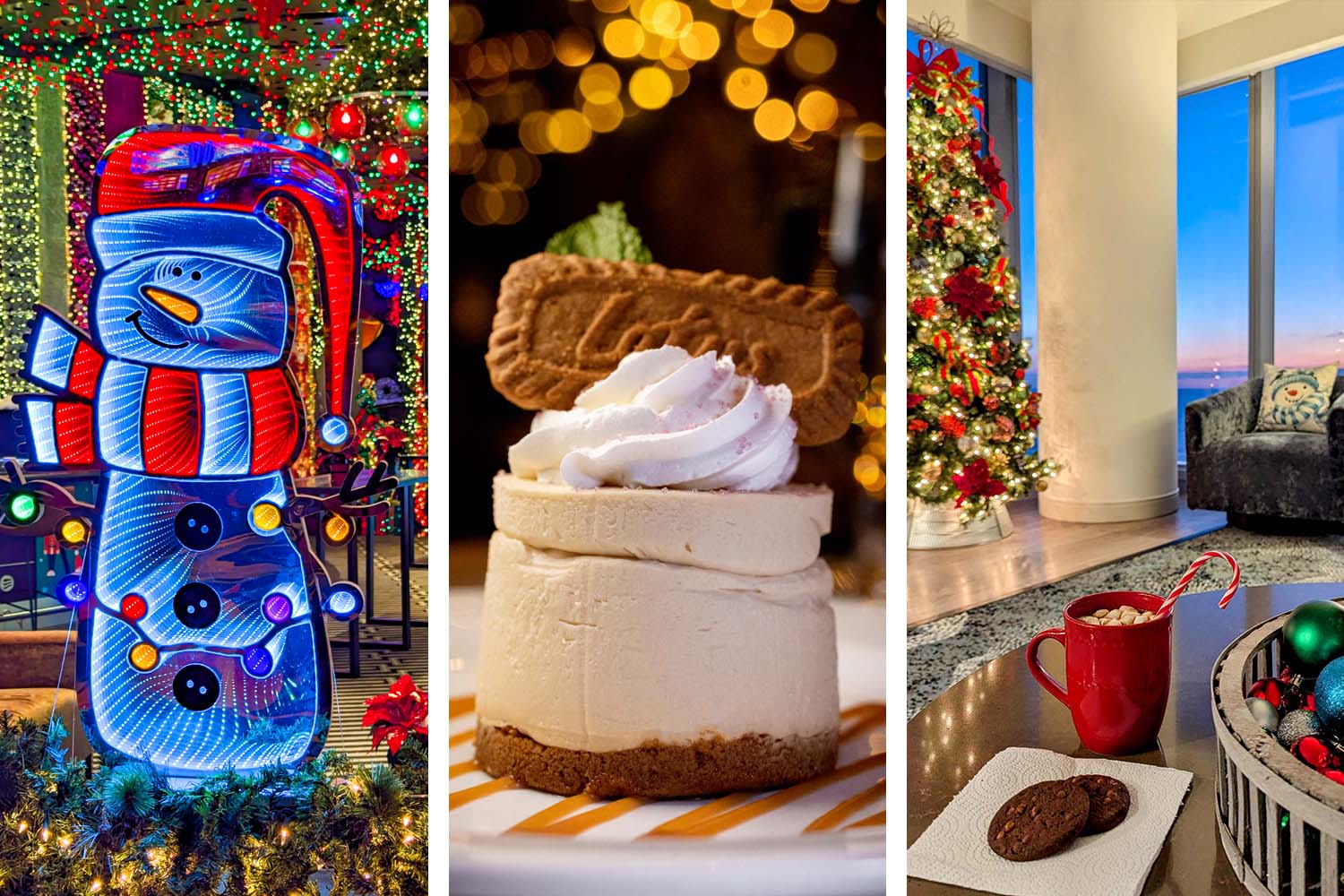  a bright blue LED snowman surrounded by Christmas lights, a towering slice of white cheesecake with whipped cream and cookie garnish, and a red mug of hot chocolate with candy cane next to a decorated Christmas tree with ocean view