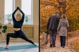 A side-by-side image showcasing two approaches to healthy aging. On the left, an older woman with short white-blonde hair performs a yoga warrior pose on a blue mat in a bright, plant-filled room. She wears a black long-sleeved crop top and matching leggings, with arms extended upward in prayer position. On the right, an older couple walks hand-in-hand along a stone path through a park during autumn. The man wears a dark jacket and carries what appears to be a bag, while the woman wears a gray coat and knit hat, using a walking stick for support. They're surrounded by trees with vibrant golden-orange foliage, creating a warm, seasonal atmosphere. The contrasting images illustrate different yet complementary aspects of active aging - physical fitness through mindful movement and emotional wellbeing through social connection and nature engagement.