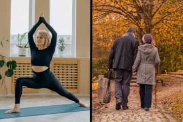 A side-by-side image showcasing two approaches to healthy aging. On the left, an older woman with short white-blonde hair performs a yoga warrior pose on a blue mat in a bright, plant-filled room. She wears a black long-sleeved crop top and matching leggings, with arms extended upward in prayer position. On the right, an older couple walks hand-in-hand along a stone path through a park during autumn. The man wears a dark jacket and carries what appears to be a bag, while the woman wears a gray coat and knit hat, using a walking stick for support. They're surrounded by trees with vibrant golden-orange foliage, creating a warm, seasonal atmosphere. The contrasting images illustrate different yet complementary aspects of active aging - physical fitness through mindful movement and emotional wellbeing through social connection and nature engagement.