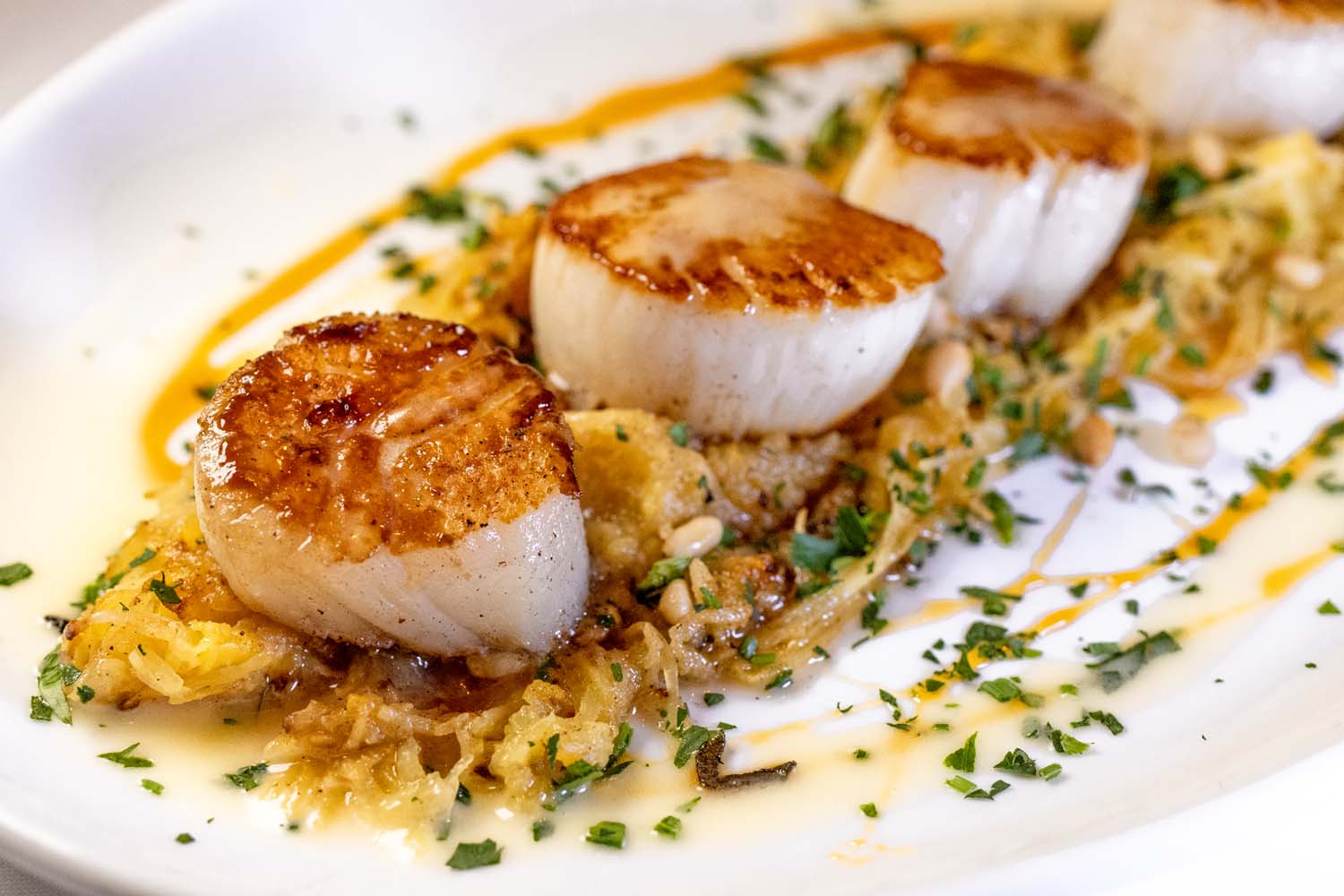 Perfectly seared sea scallops with golden-brown crust, served over sautéed spaghetti squash with pine nuts, fresh herbs, and sage butter sauce