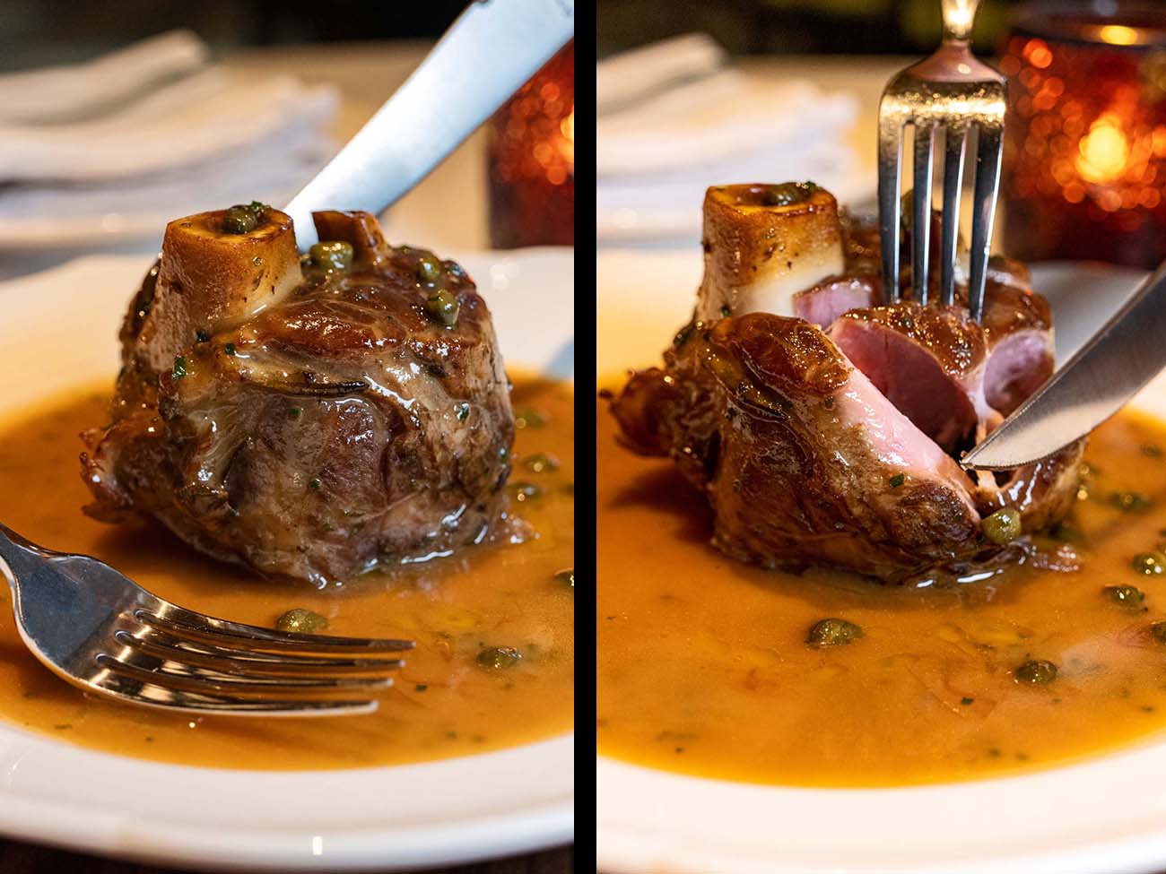 Two-panel image of Casa Nonna gourmet pork piccata osso buco: left shows the intact with bone sitting in a rich sauce; right shows the same cut revealing a perfect medium-rare interior with pink center. 