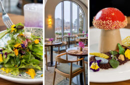 A triptych of images from 1906 restaurant at Longwood Gardens. The left panel shows a vibrant salad garnished with edible flowers and petals in yellow and purple on a decorative plate. The center panel features the main dining room with arched windows overlooking snowy gardens, set with round wooden tables, mid-century modern chairs, and pink orchid centerpieces. The right panel displays an artistic dessert designed to look like a red mushroom cap with candy rocks around its edge, set on a beige stem, surrounded by chocolate soil, yellow geometric garnishes, and colorful edible flowers.