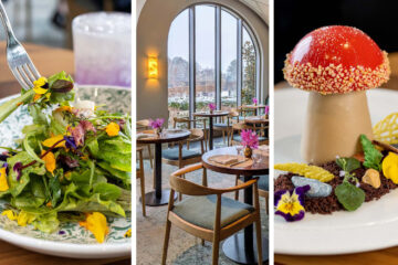 A triptych of images from 1906 restaurant at Longwood Gardens. The left panel shows a vibrant salad garnished with edible flowers and petals in yellow and purple on a decorative plate. The center panel features the main dining room with arched windows overlooking snowy gardens, set with round wooden tables, mid-century modern chairs, and pink orchid centerpieces. The right panel displays an artistic dessert designed to look like a red mushroom cap with candy rocks around its edge, set on a beige stem, surrounded by chocolate soil, yellow geometric garnishes, and colorful edible flowers.