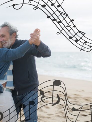 An older couple dances together joyfully on a beach, holding hands in a classic dance position. The man with gray hair and beard wears a dark blue sweater and jeans, while the woman in a blue cardigan and white pants leans in closely. They're smiling warmly at each other as they dance on the sand with the ocean visible in the background. Decorative musical notes and staff lines flow around them, symbolizing the rhythmic nature of dance. This image perfectly illustrates how dance combines physical activity, social connection, and joy—key elements discussed in the article about dancing's superior benefits for cognitive health and emotional wellbeing across the lifespan.