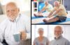 A collage of three images showing older adults living healthy lifestyles. The left panel shows a smiling older man with a white beard holding a cup. The top right shows two senior men stretching on yoga mats in what appears to be a fitness studio with exercise equipment visible in the background. The bottom right shows an older couple smiling at the camera, with the same white-bearded man from the other images alongside a woman with gray hair. All individuals appear to be in their 60s or 70s and display positive, active engagement with healthy lifestyle choices.