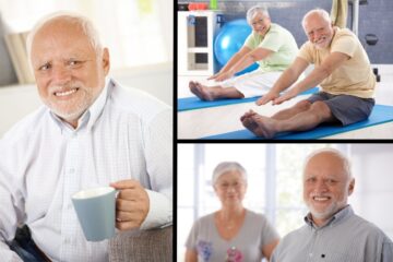 A collage of three images showing older adults living healthy lifestyles. The left panel shows a smiling older man with a white beard holding a cup. The top right shows two senior men stretching on yoga mats in what appears to be a fitness studio with exercise equipment visible in the background. The bottom right shows an older couple smiling at the camera, with the same white-bearded man from the other images alongside a woman with gray hair. All individuals appear to be in their 60s or 70s and display positive, active engagement with healthy lifestyle choices.