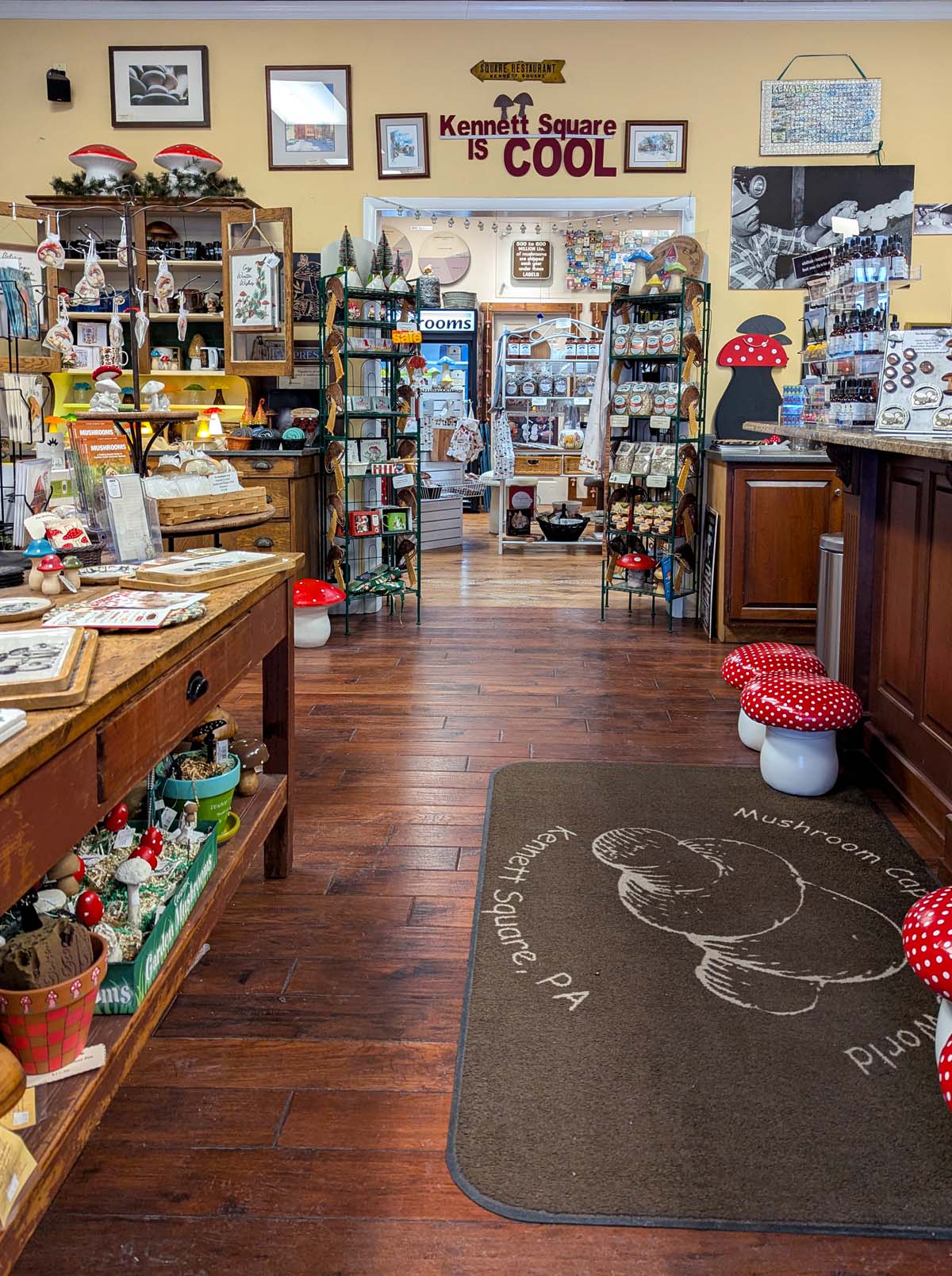 Interior of The Mushroom Cap store featuring wooden display cases, mushroom-themed merchandise, and a prominent 'Kennett Square IS COOL' wall sign. Red and white spotted mushroom decorations, vintage furniture, and a mushroom-themed welcome mat create a whimsical shopping environment dedicated to the town's mushroom farming heritage.