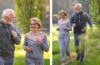 Two-panel image of a cheerful senior couple exercising outdoors. In the left panel, they are shown in a close-up while jogging, both wearing casual athletic wear - the man in a dark grey zip-up hoodie and the woman in a pink and grey hooded sweatshirt. Both are smiling and appear to be enjoying their activity. The woman wears glasses and has shoulder-length blonde hair, while the man has a white beard. The right panel shows a full-body shot of the same couple jogging along a nature path surrounded by greenery, illustrating the type of moderate physical activity discussed in the study for reducing dementia risk.