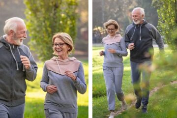 Two-panel image of a cheerful senior couple exercising outdoors. In the left panel, they are shown in a close-up while jogging, both wearing casual athletic wear - the man in a dark grey zip-up hoodie and the woman in a pink and grey hooded sweatshirt. Both are smiling and appear to be enjoying their activity. The woman wears glasses and has shoulder-length blonde hair, while the man has a white beard. The right panel shows a full-body shot of the same couple jogging along a nature path surrounded by greenery, illustrating the type of moderate physical activity discussed in the study for reducing dementia risk.