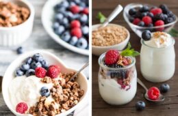 Side-by-side comparison of two yogurt parfait presentations. The left image shows a white bowl with plain yogurt topped with chocolate granola, fresh blueberries, and raspberries. The right image displays glass jars of layered yogurt parfaits with granola and berries on a wooden surface, accompanied by separate bowls of toppings and scattered fresh berries. Both demonstrate healthy ways to prepare yogurt without added sugars, as recommended by the Harvard study.