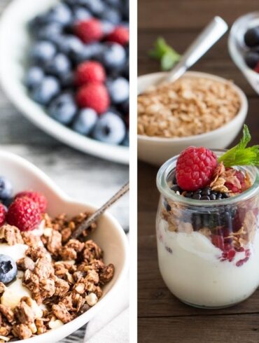 Side-by-side comparison of two yogurt parfait presentations. The left image shows a white bowl with plain yogurt topped with chocolate granola, fresh blueberries, and raspberries. The right image displays glass jars of layered yogurt parfaits with granola and berries on a wooden surface, accompanied by separate bowls of toppings and scattered fresh berries. Both demonstrate healthy ways to prepare yogurt without added sugars, as recommended by the Harvard study.