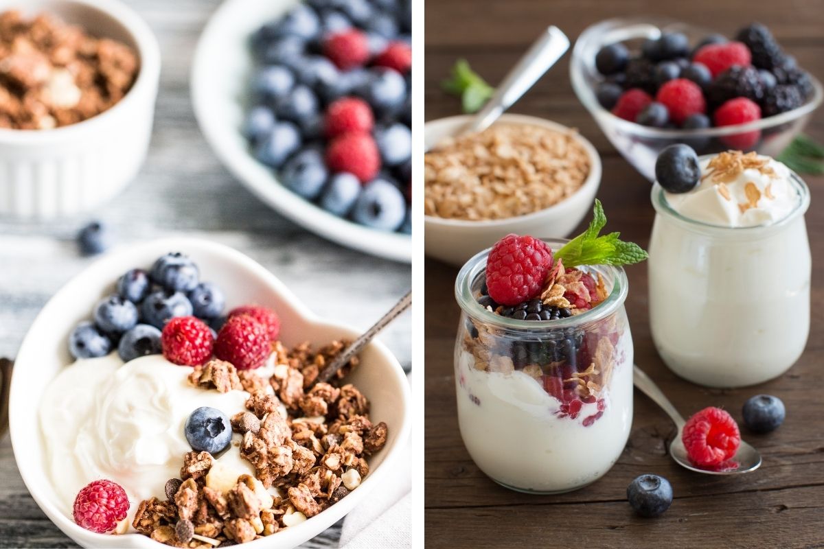 Side-by-side comparison of two yogurt parfait presentations. The left image shows a white bowl with plain yogurt topped with chocolate granola, fresh blueberries, and raspberries. The right image displays glass jars of layered yogurt parfaits with granola and berries on a wooden surface, accompanied by separate bowls of toppings and scattered fresh berries. Both demonstrate healthy ways to prepare yogurt without added sugars, as recommended by the Harvard study.