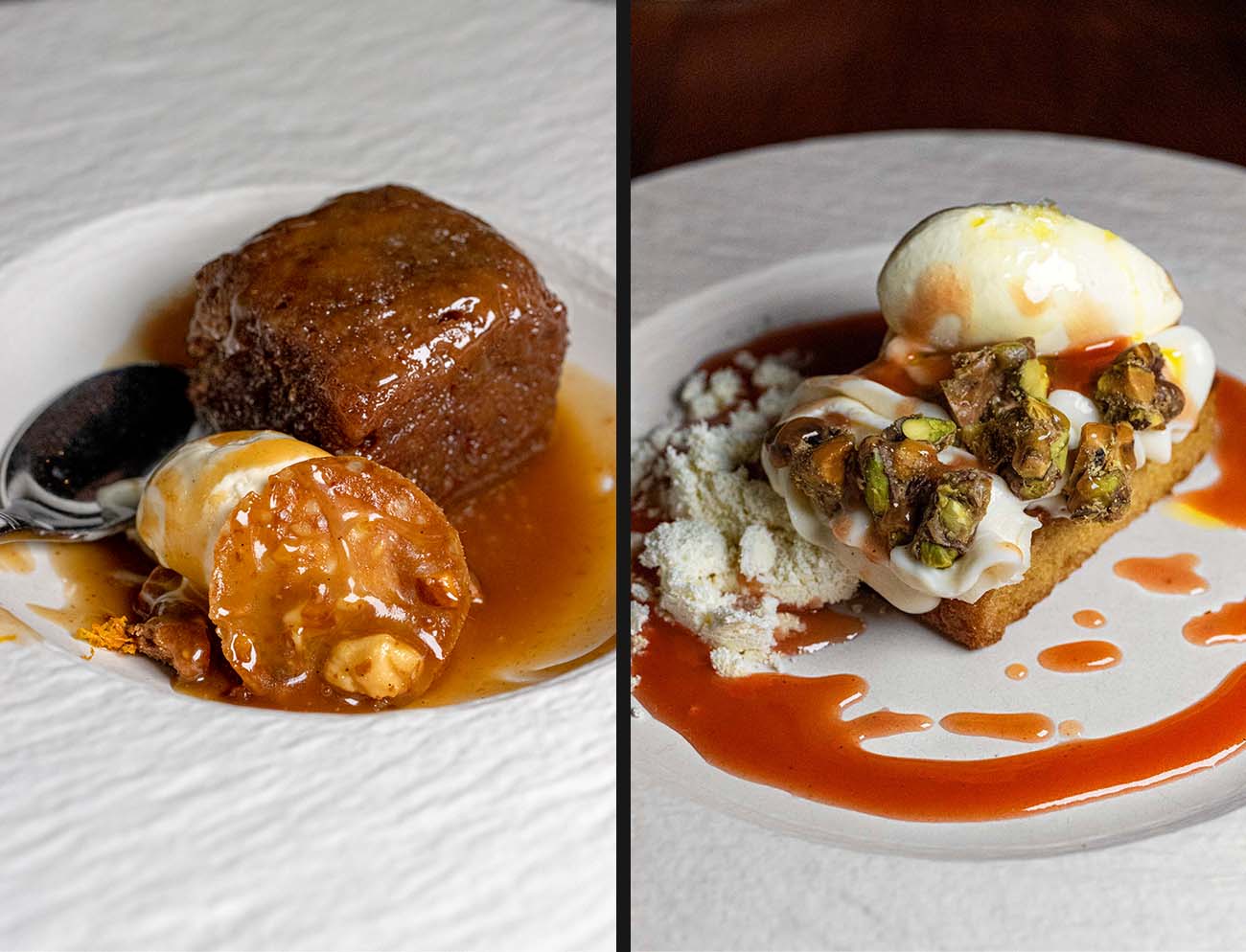 Alt text: A split image showing two desserts on white plates. On the left is a square of sticky toffee pudding glistening with koji toffee sauce and accompanied by a quenelle of mascarpone gelato. On the right is a slice of olive oil cake topped with pistachios and olive oil whipped cream, with guava sauce artfully drizzled on the plate.